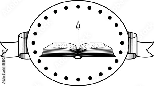 Black and white illustration: open book with lit candle in a dotted oval frame and ribbon banner, symbolizing knowledge and learning.