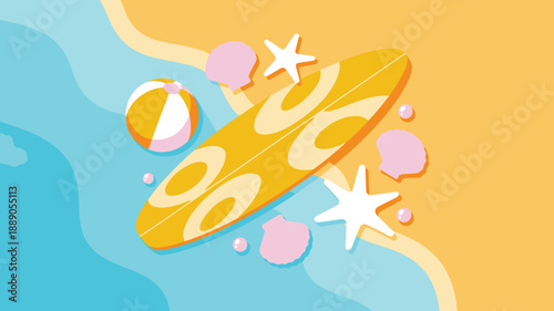 Summer beach vacation elements, surfboard with seashells, ocean water, sandy shore