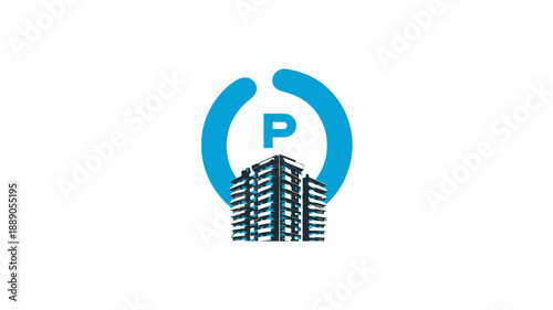 Modern parking garage building icon with blue 'P' symbol, representing urban parking solutions and car park facilities