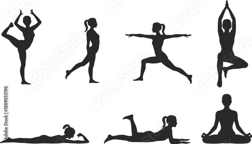 Silhouettes of individuals performing various yoga poses including standing, prone, and seated postures, promoting flexibility, mindfulness, wellness, and physical balance for fitness.
