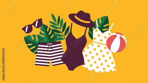 Summer holiday fashion, essential beachwear collection with dress, swimwear, hat, sunglasses, tropical leaves