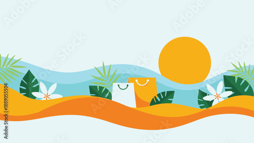 Summer shopping landscape with paper bags, tropical leaves, flowers, sun and waves