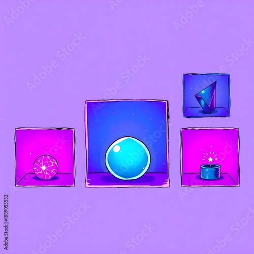 Floating glowing app icons in purple space AI generated illustration