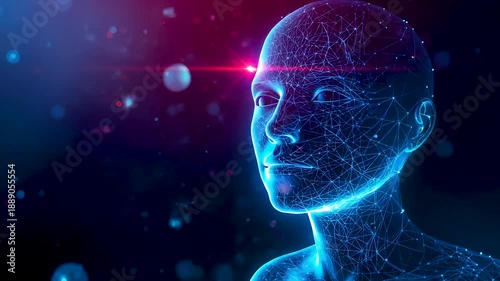 Glowing digital human face formed by blue data particles and light nodes, advanced artificial intelligence visualization in dark space