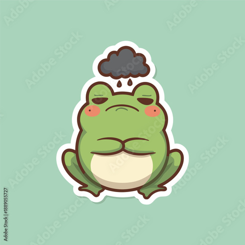 Sad frog with a rain cloud over its head feeling down.