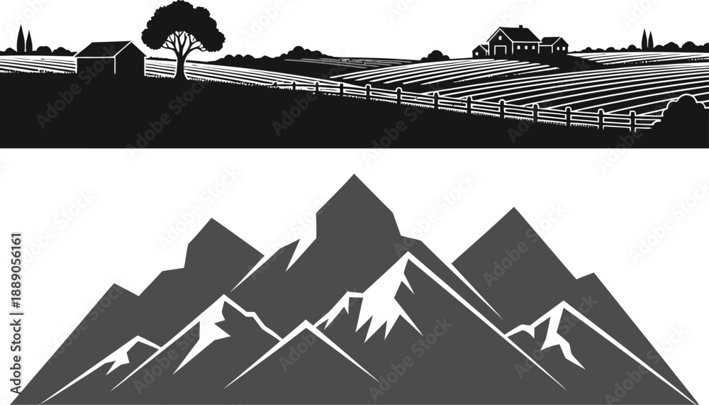 Obraz premium Contrasting landscapes agricultural field and mountain range silhouettes