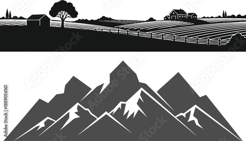 Contrasting landscapes agricultural field and mountain range silhouettes