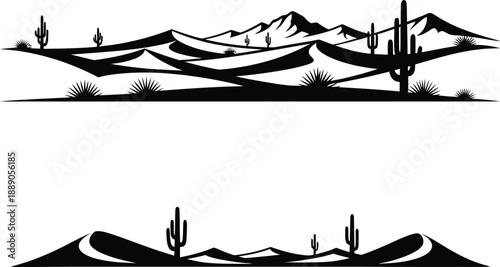 Desert landscape with cacti and mountains silhouette