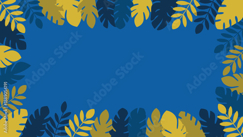 Tropical foliage decoration, blue summer backdrop, exotic leaves border, top and bottom frame template