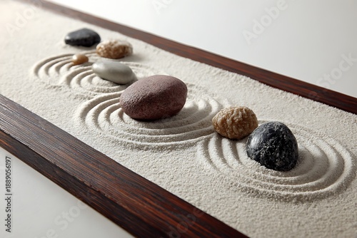 Serene zen garden with carefully raked sand and stones