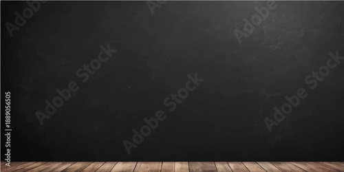 An empty vintage blackboard with a dirty grunge texture sits within an aged black frame on a dark grey concrete wall backdrop