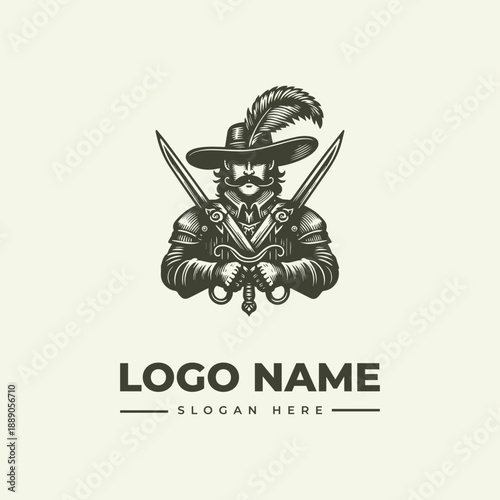 A vintage woodcut-style logo featuring a bearded man in a feathered hat holding crossed swords, with a placeholder text for logo name and slogan on a plain background.