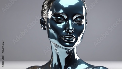 Futuristic chrome female mannequin head on neutral background