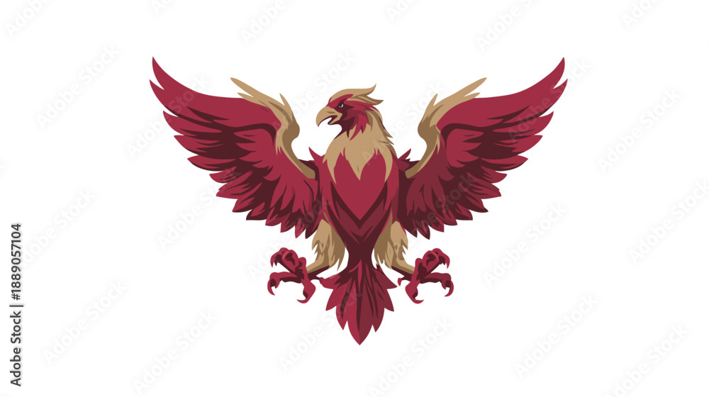 Obraz premium Majestic Red and Gold Mythical Bird with Spread Wings, Phoenix or Eagle Emblem Vector Illustration on White Background