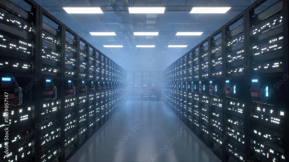 Obraz premium Futuristic data center server room with advanced technology infrastructure.