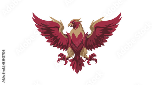 Majestic Red and Gold Mythical Bird with Spread Wings, Phoenix or Eagle Emblem Vector Illustration on White Background