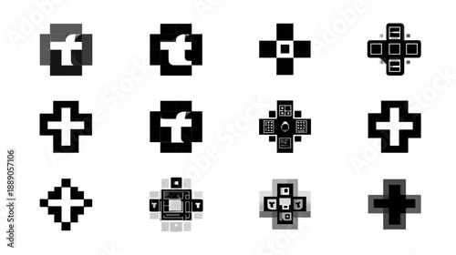 Collection of pixelated cross symbols and abstract plus sign icons in a monochromatic grid, representing digital design and geometric patterns.