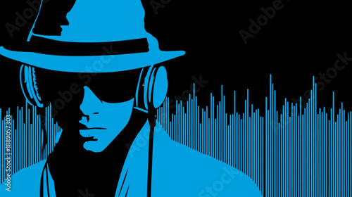 Stylized person wearing a fedora, sunglasses, and headphones with an audio equalizer graphic. Cool blue and black design.