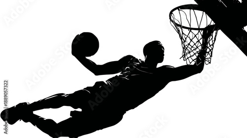 Athletic basketball player silhouette performing a powerful slam dunk, captured in mid-air action against a white background