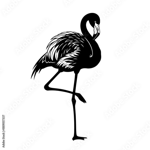 Elegant black silhouette of a flamingo standing gracefully on one long leg against a pure white background.