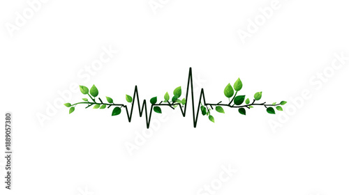 Nature and health concept with a green leafy heartbeat line, representing organic life, wellness, and environmental sustainability.