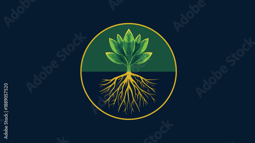 Stylized plant with deep roots illustration in a circular frame, symbolizing organic growth, nature, foundation, and sustainability concept.