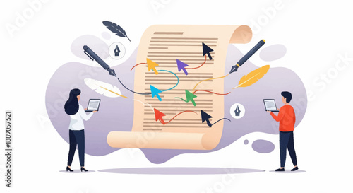 Two people collaborate on a large document surrounded by pens, arrows, and colorful symbols showcasing creativity in a playful illustration