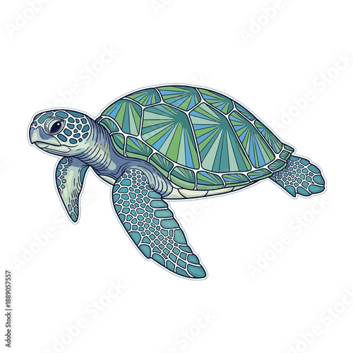 Stylized sea turtle illustration features intricate geometric patterns in shades of vibrant blue and seafoam green against a white background.