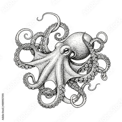 Detailed black and white illustration of a large octopus displays numerous suckers and dramatically curled tentacles on white.