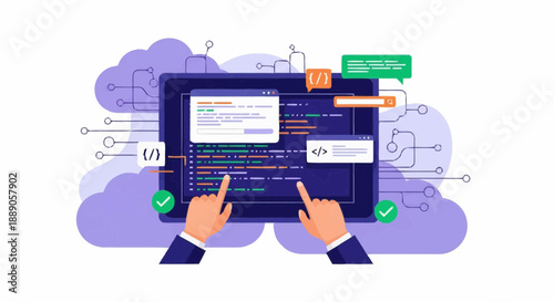 Hands interact with laptop displaying colorful coding on a screen amid icons, symbols, and a cloud in a white background
