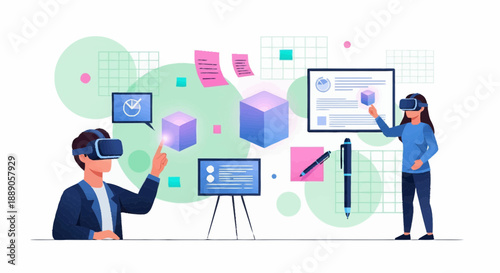 Man and woman use VR headset and stylus to edit virtual document on screen, surrounded by floating cubes in a white studio illustration