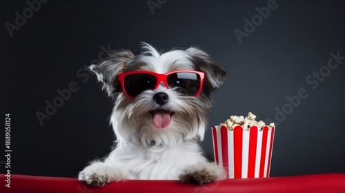 Cute little dog watching a movie wearing 3d glasses and eating popcorn, sitting in a red armchair