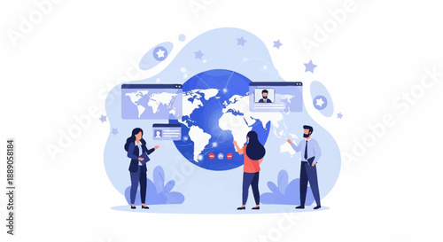 Team collaborating on global map project, three people with tablets and gestures before a blue-screen display, digital illustration, office view