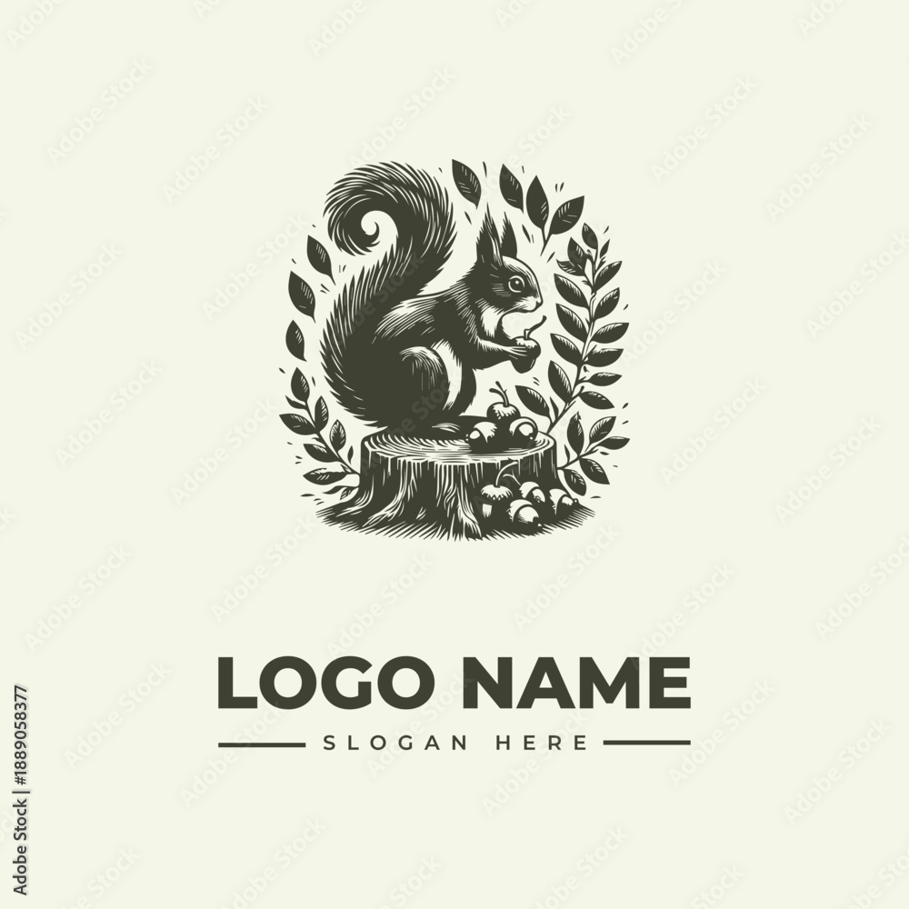 Obraz premium A vintage-style woodcut illustration of a squirrel on a tree stump surrounded by leaves, with a circular logo design and space for a logo name and slogan.
