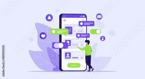 Cartoon Man Engages with Smartphone in Colorful Chat Scene, Showcasing Green Shirt, Purple Header, and Interactive Bubbles