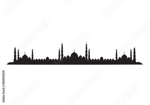 A stark black silhouette depicts a sprawling cityscape featuring numerous domes and minarets resembling a middle eastern skyline high quality professional