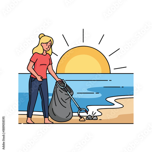 Woman Cleaning Beach with Trash Bag.