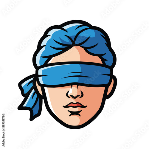 Woman Wearing Blue Blindfold Cartoon Illustration.