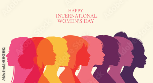 International Women's Day celebration, colorful female silhouettes, gender equality, diversity, empowerment, feminism, unity, profile art, flat vector illustration