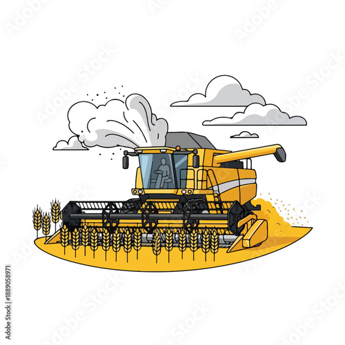 Yellow Combine Harvester Cutting Crops Field.