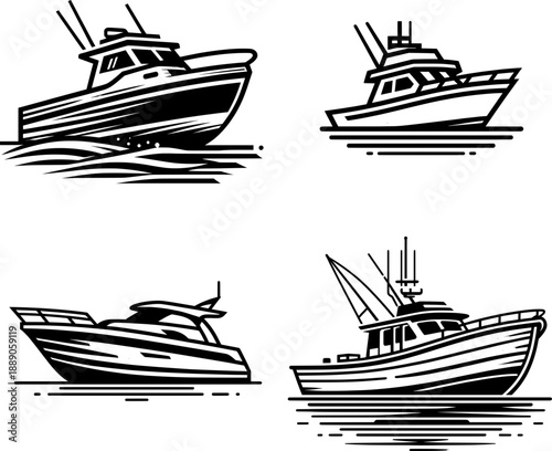 Bold outline black and white boat silhouette, minimal watercraft vector, isolated