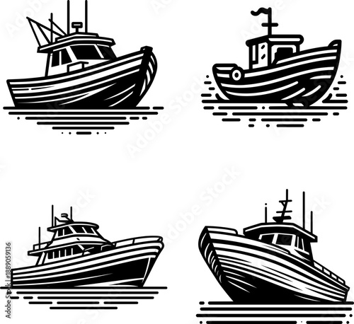 Bold outline black and white boat silhouette, minimal watercraft vector, isolated