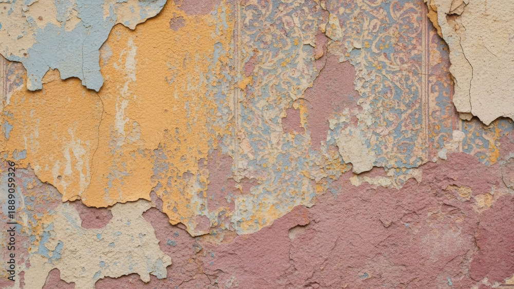 Obraz premium Weathered exterior wall shows layers of peeling paint in muted tones of ochre, rose, and pale blue plaster.