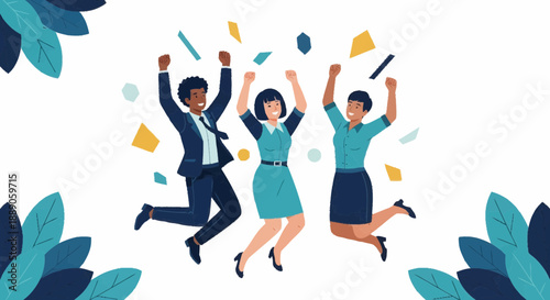 Three People Celebrating with Joyful Jumping and Confetti in a Cartoon White Celebration Scene