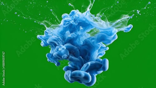 Dynamic Blue Ink Swirl Action in Vibrant Green Background - Visual Art Illustration