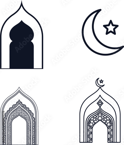 Islamic archway and crescent moon symbol .