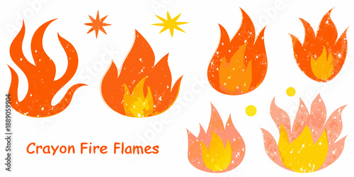 Colorful crayon style flames and sparks on a white background
