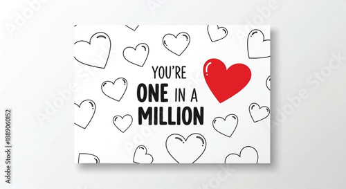 You're One in a Million Valentine Quote with Red Heart and Doodle Hearts Background
