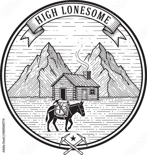 A lone cowboy on horseback approaches a cabin in a mountainous landscape, surrounded by rugged peaks and a serene environment, viewed from a distance.