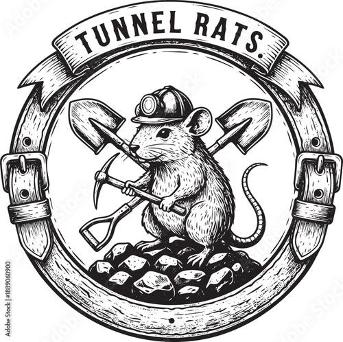 Illustration of a rat wearing a helmet and holding tools standing on coal, surrounded by a circular emblem with pickaxes and the text 'TUNNEL RATS'